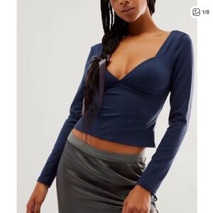 Free People Navy Long Sleeve Blouse